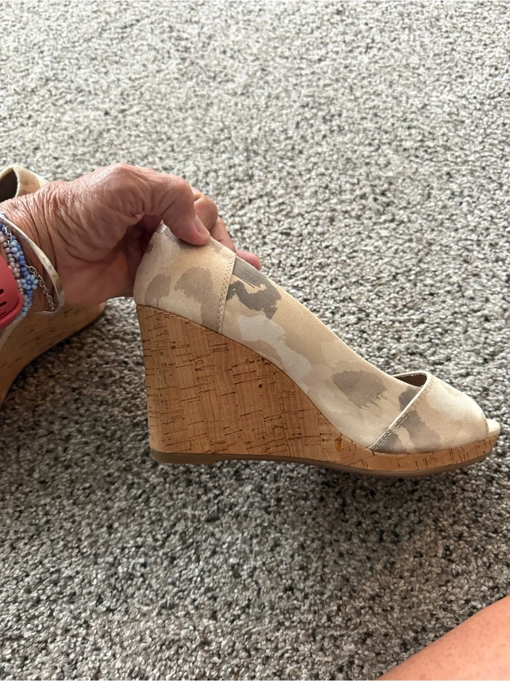 TOMS Beige Camouflage Peep-Toe Wedge Pumps